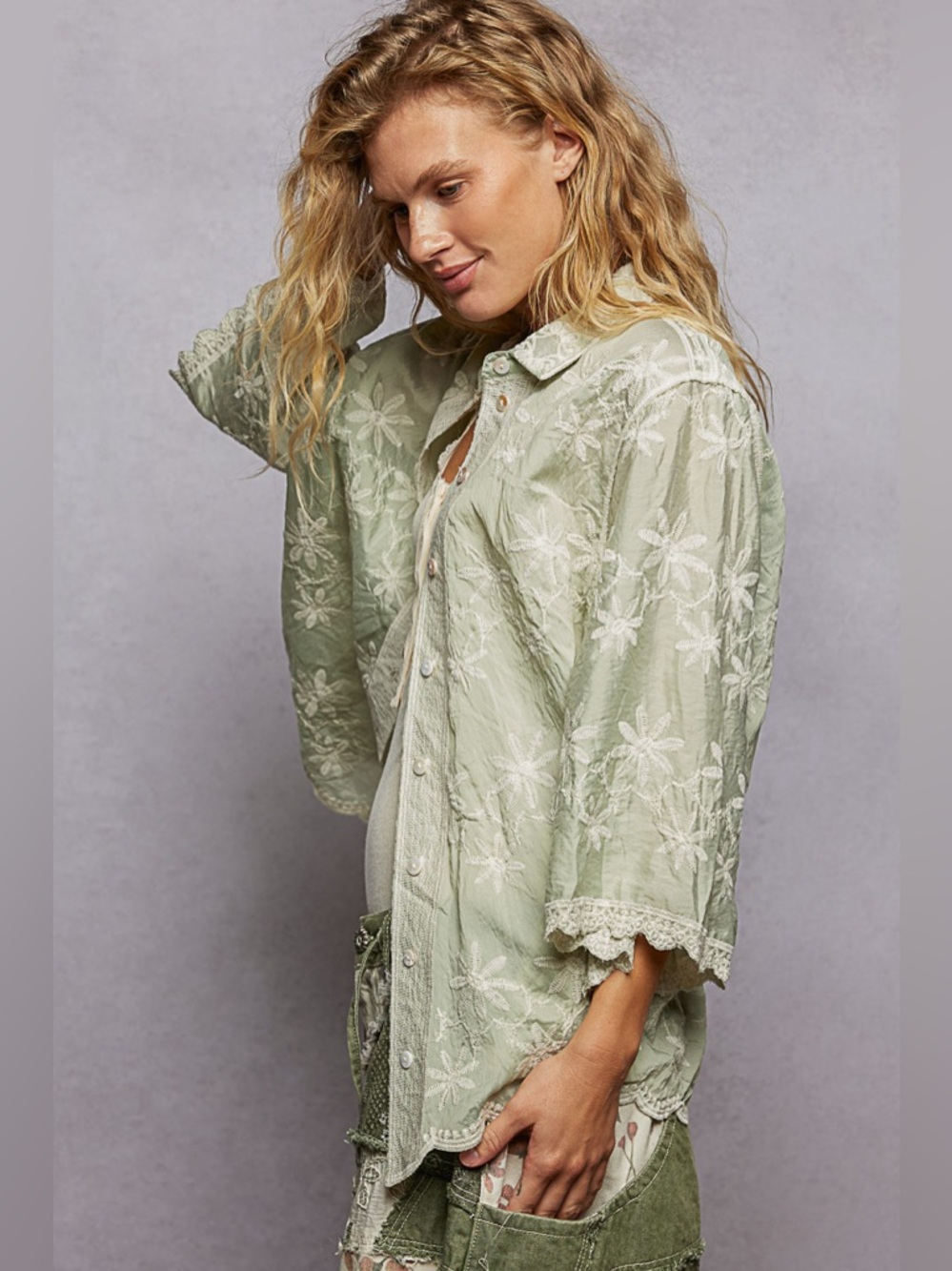POL Embroidered Floral Scalloped Button Down Shacket - Picture 2 of 5